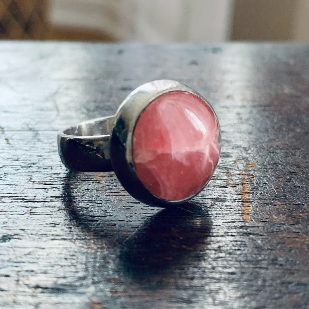Vintage Sterling Silver and Pink Rhodochrosite Gemstone Ring, Size 7.25